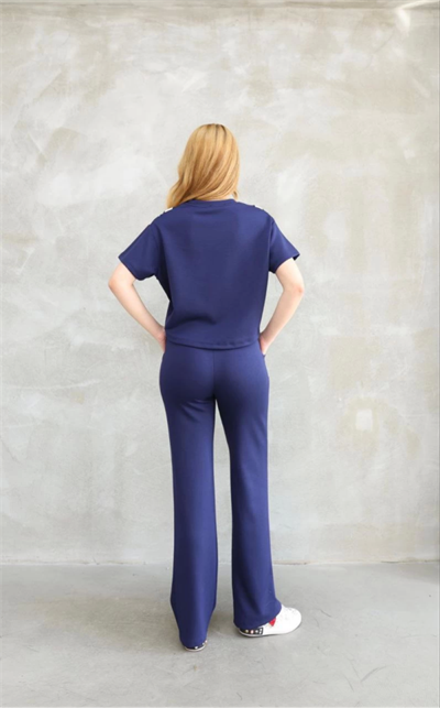 Osy Modal Yumuşak Dokulu Kumaş Bisiklet Yaka Parçalı Detaylı Kısa Kollu Takım - Lacivert