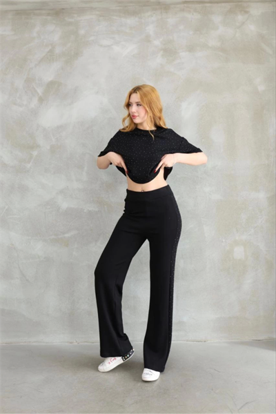 Osy Modal Yumuşak Dokulu Kumaş Bisiklet Yaka Taş Detaylı Kısa Kollu Takım - Siyah