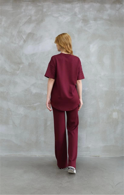 Osy Modal Yumuşak Dokulu Kumaş Bisiklet Yaka Taş Detaylı Kısa Kollu Takım - Bordo