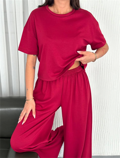 Osy Modal Yumuşak Dokulu Kumaş Bisiklet Yaka T-shirt Bol Paça Pantalon Ikili Takım -Bordo