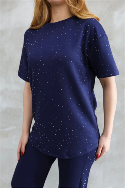 Osy Modal Yumuşak Dokulu Kumaş Bisiklet Yaka Taş Detaylı Kısa Kollu Takım - Lacivert