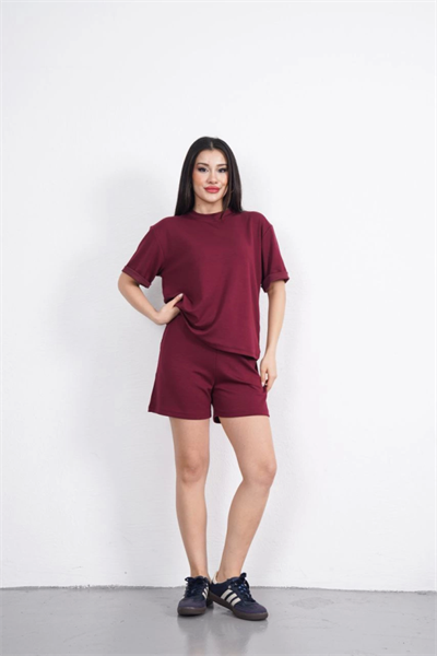 Osy Modal Yumuşak Dokulu Kumaş Bisiklet Yaka T-shirt Kısa Şort İkili Takım - Bordo