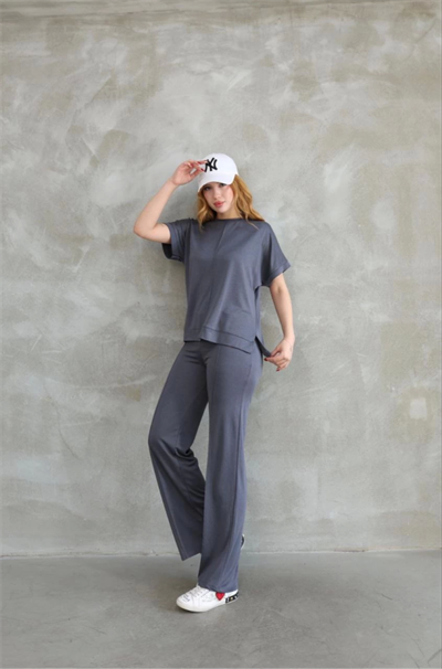 Osy Modal Yumuşak Dokulu Kumaş Bisiklet Yaka Taş Detaylı Kısa Kollu Takım - Gri