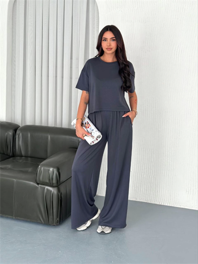 Osy Modal Yumuşak Dokulu Kumaş Bisiklet Yaka T-shirt Bol Paça Pantalon Ikili Takım -Antrasit