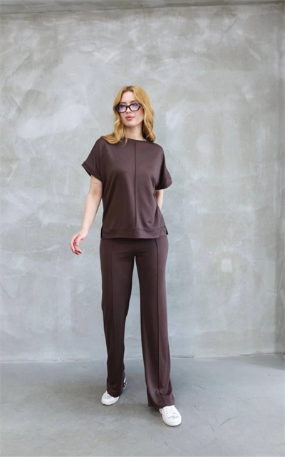 Osy Modal Yumuşak Dokulu Kumaş Bisiklet Yaka Kısa Kollu Takım - Kahverengi