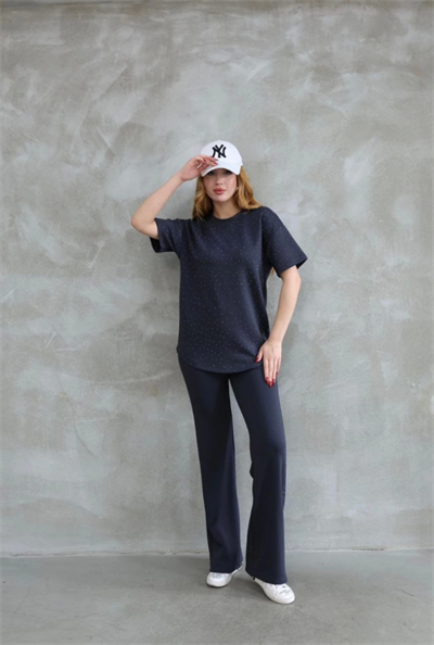 Osy Modal Yumuşak Dokulu Kumaş Bisiklet Yaka Taş Detaylı Kısa Kollu Takım - Füme