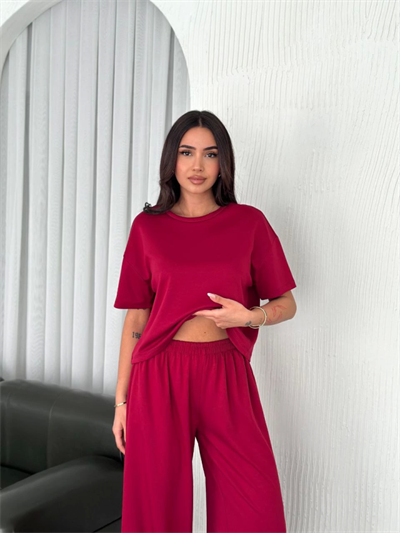 Osy Modal Yumuşak Dokulu Kumaş Bisiklet Yaka T-shirt Bol Paça Pantalon Ikili Takım -Bordo