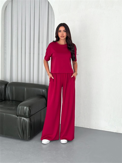 Osy Modal Yumuşak Dokulu Kumaş Bisiklet Yaka T-shirt Bol Paça Pantalon Ikili Takım -Bordo