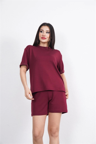 Osy Modal Yumuşak Dokulu Kumaş Bisiklet Yaka T-shirt Kısa Şort İkili Takım - Bordo
