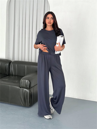 Osy Modal Yumuşak Dokulu Kumaş Bisiklet Yaka T-shirt Bol Paça Pantalon Ikili Takım -Antrasit