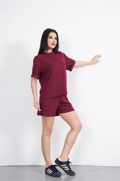 Osy Modal Yumuşak Dokulu Kumaş Bisiklet Yaka T-shirt Kısa Şort İkili Takım - Bordo