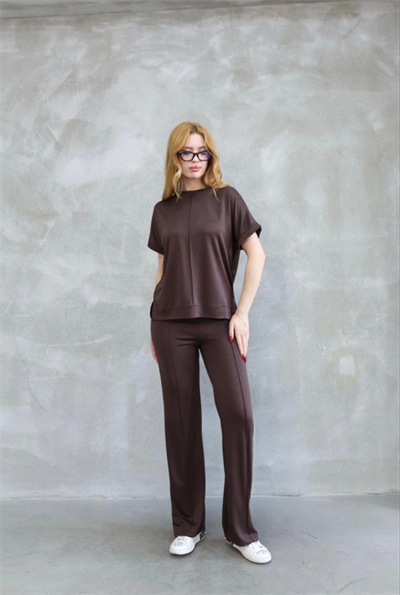 Osy Modal Yumuşak Dokulu Kumaş Bisiklet Yaka Kısa Kollu Takım - Kahverengi