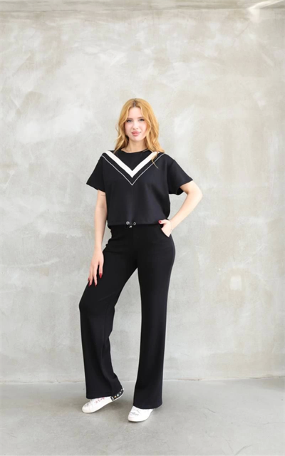 Osy Modal Yumuşak Dokulu Kumaş Bisiklet Yaka Parçalı Detaylı Kısa Kollu Takım - Siyah