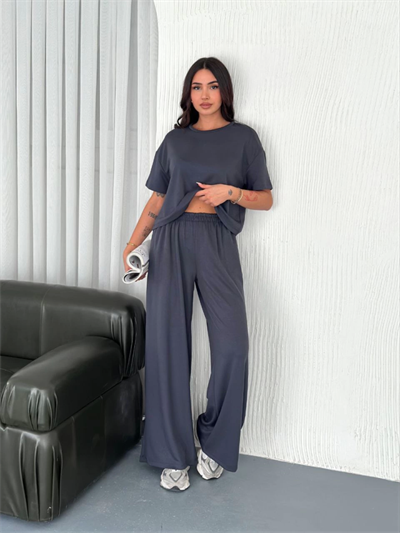 Osy Modal Yumuşak Dokulu Kumaş Bisiklet Yaka T-shirt Bol Paça Pantalon Ikili Takım -Antrasit