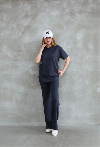 Osy Modal Yumuşak Dokulu Kumaş Bisiklet Yaka Taş Detaylı Kısa Kollu Takım - Füme