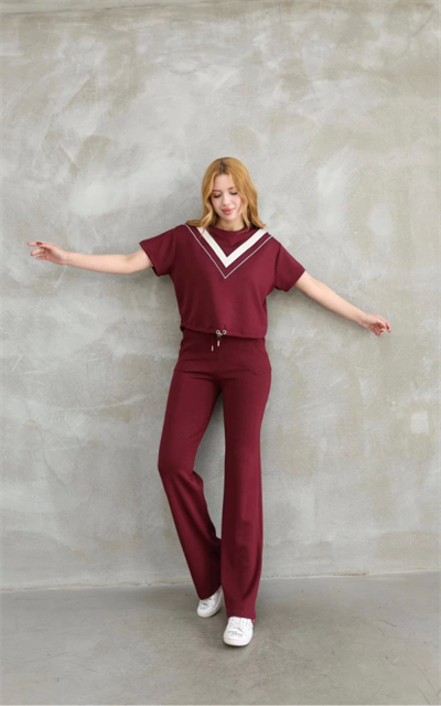 Osy Modal Yumuşak Dokulu Kumaş Bisiklet Yaka Parçalı Detaylı Kısa Kollu Takım - Bordo