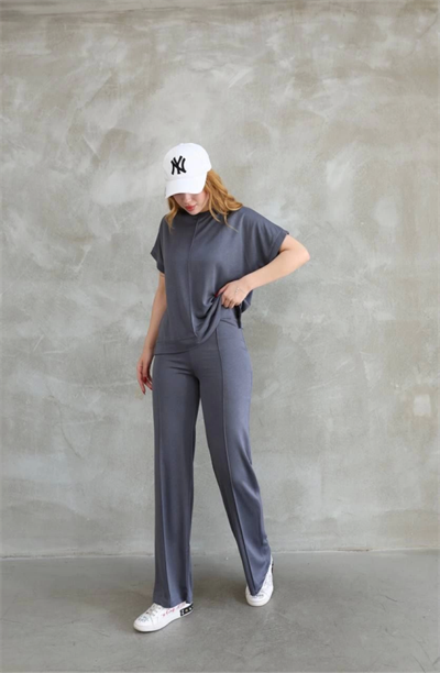 Osy Modal Yumuşak Dokulu Kumaş Bisiklet Yaka Kısa Kollu Takım - Füme