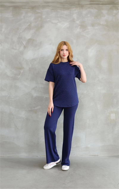 Osy Modal Yumuşak Dokulu Kumaş Bisiklet Yaka Taş Detaylı Kısa Kollu Takım - Lacivert