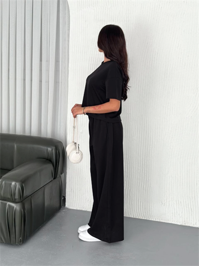 Osy Modal Yumuşak Dokulu Kumaş Bisiklet Yaka T-shirt Bol Paça Pantalon Ikili Takım -Siyah