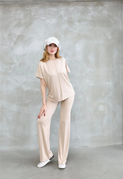 Osy Modal Yumuşak Dokulu Kumaş Bisiklet Yaka Kısa Kollu Takım - Bej