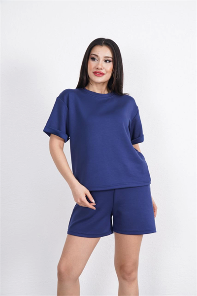 Osy Modal Yumuşak Dokulu Kumaş Bisiklet Yaka T-shirt Kısa Şort İkili Takım - Mavi