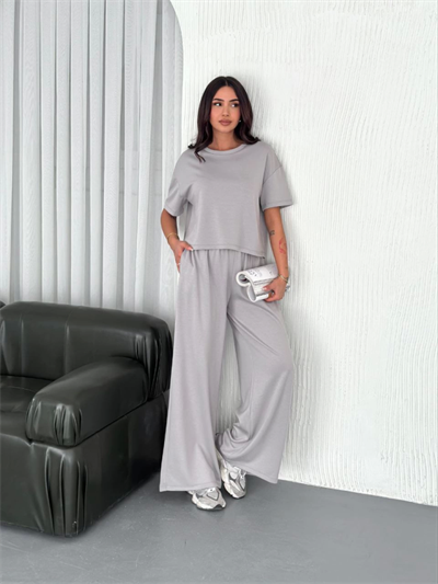 Osy Modal Yumuşak Dokulu Kumaş Bisiklet Yaka T-shirt  Bol Paça Pantalon Ikili Takım - Boyalı Gri
