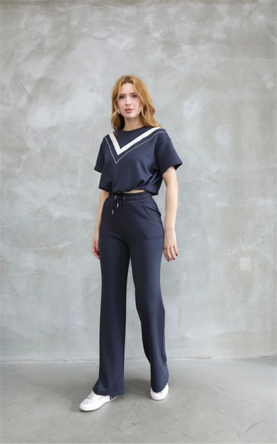 Osy Modal Yumuşak Dokulu Kumaş Bisiklet Yaka Parçalı Detaylı Kısa Kollu Takım - Füme