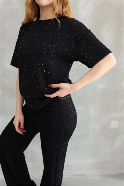 Osy Modal Yumuşak Dokulu Kumaş Bisiklet Yaka Taş Detaylı Kısa Kollu Takım - Siyah