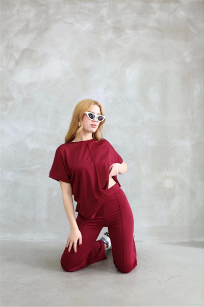 Osy Modal Yumuşak Dokulu Kumaş Bisiklet Yaka Kısa Kollu Takım - Bordo