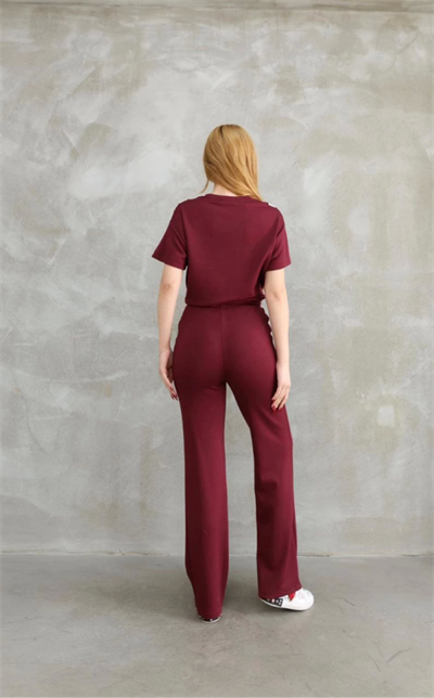 Osy Modal Yumuşak Dokulu Kumaş Bisiklet Yaka Parçalı Detaylı Kısa Kollu Takım - Bordo