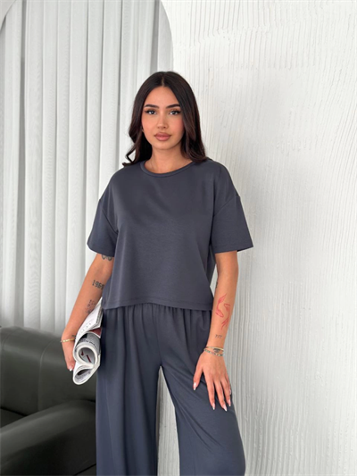 Osy Modal Yumuşak Dokulu Kumaş Bisiklet Yaka T-shirt Bol Paça Pantalon Ikili Takım -Antrasit