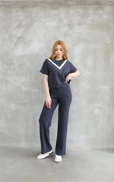 Osy Modal Yumuşak Dokulu Kumaş Bisiklet Yaka Parçalı Detaylı Kısa Kollu Takım - Füme