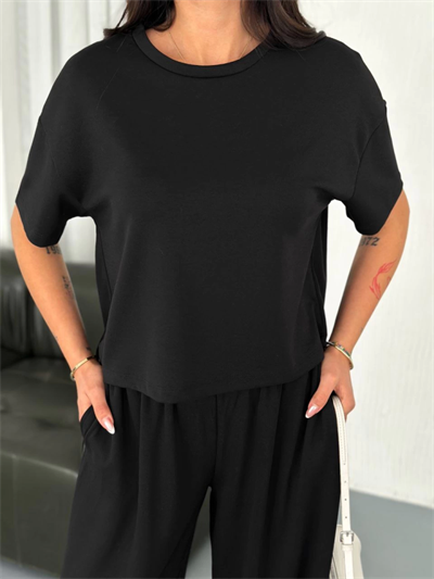 Osy Modal Yumuşak Dokulu Kumaş Bisiklet Yaka T-shirt Bol Paça Pantalon Ikili Takım -Siyah
