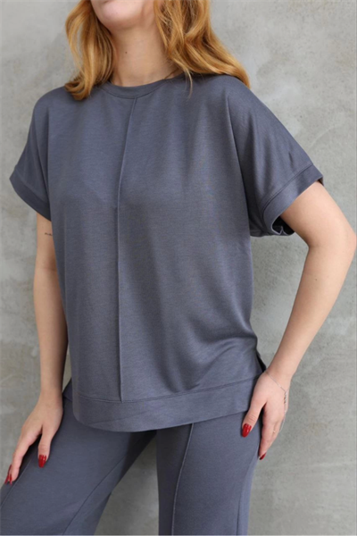 Osy Modal Yumuşak Dokulu Kumaş Bisiklet Yaka Kısa Kollu Takım - Füme