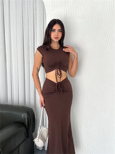Osy Modal Yumuşak Dokulu Kumaş Büzgülü Crop Etek Takım -Kahverengi