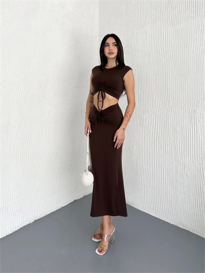 Osy Modal Yumuşak Dokulu Kumaş Büzgülü Crop Etek Takım -Kahverengi