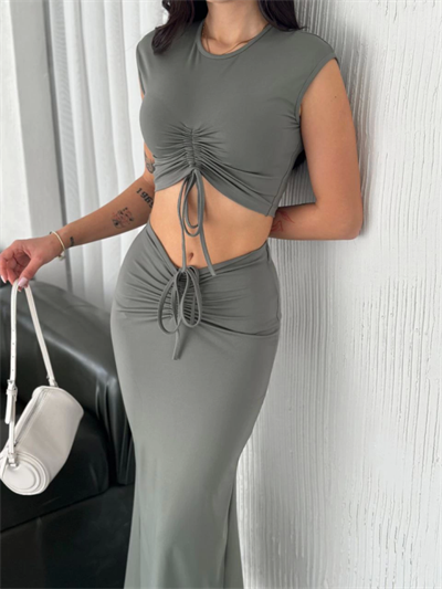 Osy Modal Yumuşak Dokulu Kumaş Büzgülü Crop Etek Takım - Mint Yeşili