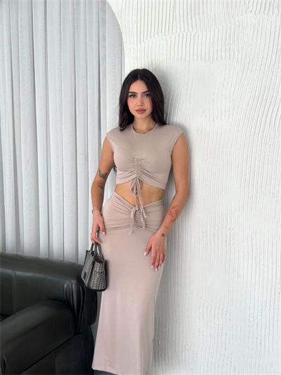 Osy Modal Yumuşak Dokulu Kumaş Büzgülü Crop Etek Takım -Bej