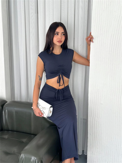 Osy Modal Yumuşak Dokulu Kumaş Büzgülü Crop Etek Takım -Lacivert