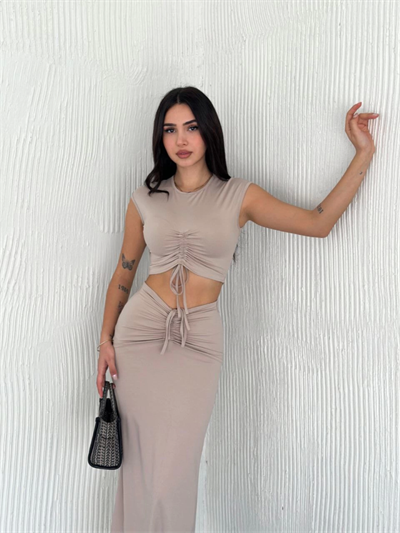 Osy Modal Yumuşak Dokulu Kumaş Büzgülü Crop Etek Takım -Bej
