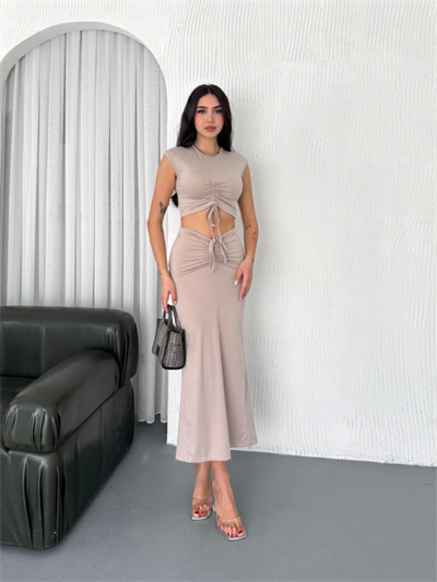 Osy Modal Yumuşak Dokulu Kumaş Büzgülü Crop Etek Takım -Bej