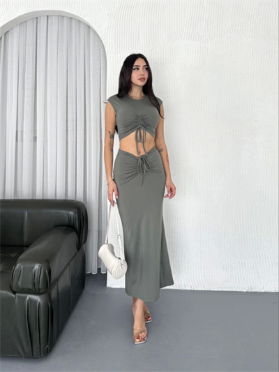 Osy Modal Yumuşak Dokulu Kumaş Büzgülü Crop Etek Takım - Mint Yeşili