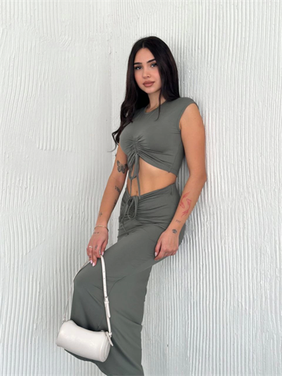 Osy Modal Yumuşak Dokulu Kumaş Büzgülü Crop Etek Takım - Mint Yeşili