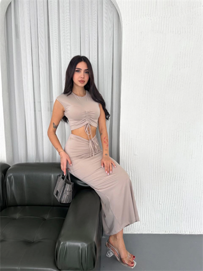 Osy Modal Yumuşak Dokulu Kumaş Büzgülü Crop Etek Takım -Bej