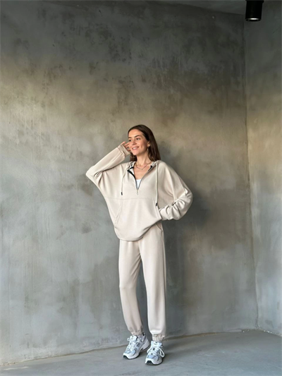 Osy Modal Yumuşak Dokulu Kumaş Gogger  Kapüşonlu Yarım Fermuarlı Takım - Bej
