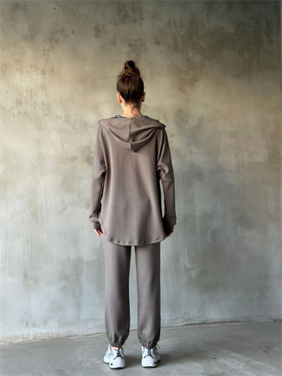 Osy Modal Yumuşak Dokulu Kumaş Gogger Oval Kesim Kapüşonlu Fermuarlı Takım- Gri