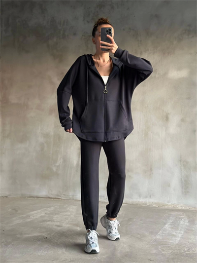 Osy Modal Yumuşak Dokulu Kumaş Gogger Oval Kesim Kapüşonlu Fermuarlı Takım- Füme