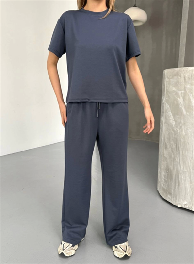 Osy Modal Yumuşak Dokulu Kumaş Kısa Kollu Bluz Rahat Pantalon Ikili Takım- Füme