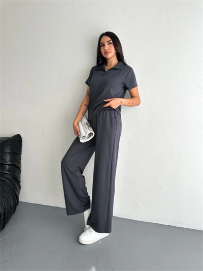 Osy Modal Yumuşak Dokulu Kumaş Kısa Kollu Yakalı T-shirt Pantalon Ikili Takım- Antrasit