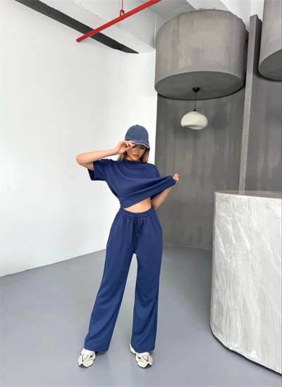 Osy Modal Yumuşak Dokulu Kumaş Kısa Kollu Bluz Rahat Pantalon Ikili Takım- Lacivert